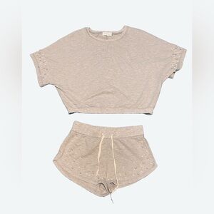 Mustard Seed Two Piece Grey Crop Top And shorts With Pearl Beading Size Small